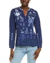 Johnny Was Field Henley Linen Blouse In Blue