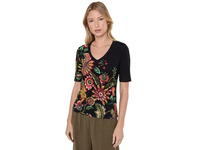 Johnny Was The Janie Favorite Fitted V-neck Elbow Sleeve Tee Women's Clothing Valley Of The Fleurs Black: Xs In Multi