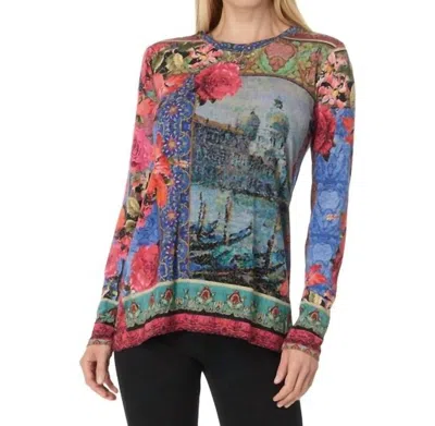 Johnny Was The Janie Long Sleeve Crew Neck Tee In Grand Canel Scarf Print In Blue