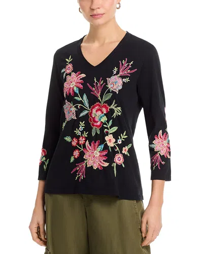 Johnny Was Three Quarter Sleeve Traounto V Neck Tee In Black