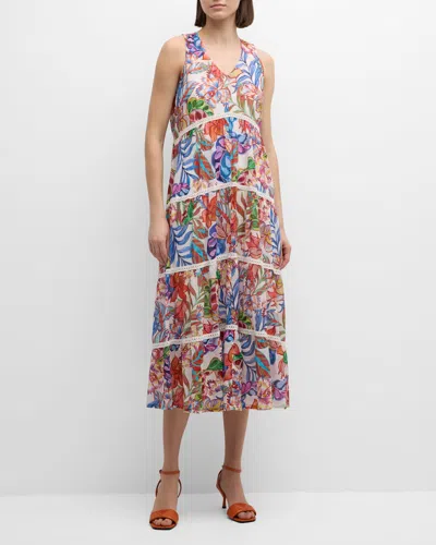 Johnny Was Tiered Lace-trim Floral-print Midi Dress In Multi