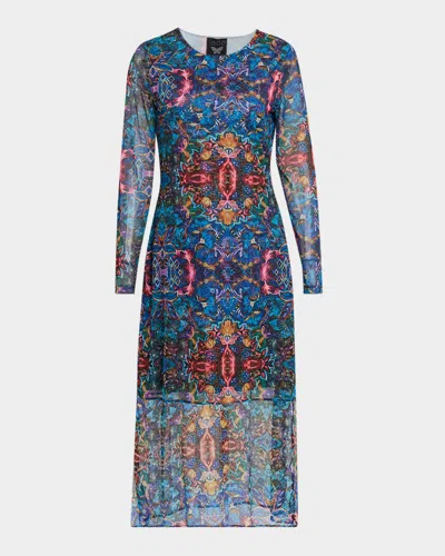 Johnny Was Tulus Kaleidoscope-print Mesh Midi Dress In Blue