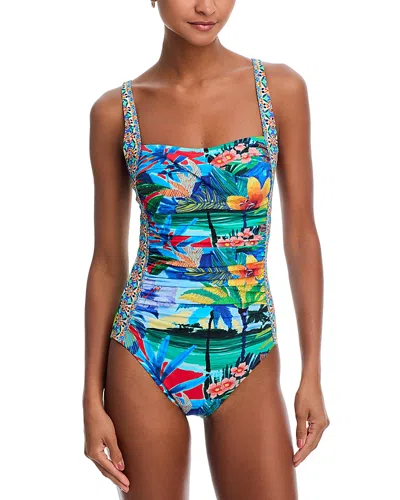 Johnny Was Twist Front Ruched One Piece Swimsuit In Blue