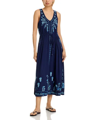 Johnny Was V Neck Drawstring Dress In Blue