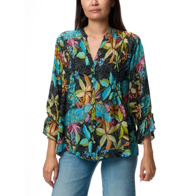 Pre-owned Johnny Was Vacanza Blouse Paon Floral Deep Black Button Flower Blue Shirt Top Nw
