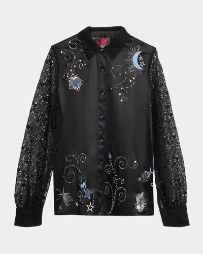 Johnny Was Vanti Beaded Lace-sleeve Blouse In Black