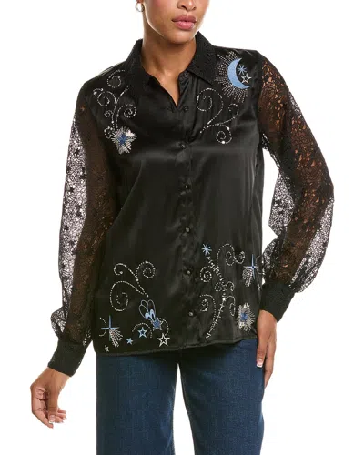 Johnny Was Vanti Embroidered Lace Silk-blend Shirt In Black