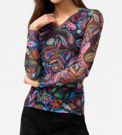 Johnny Was V-neck Long Sleeve Mesh Tee In Dark Silvana In Multi