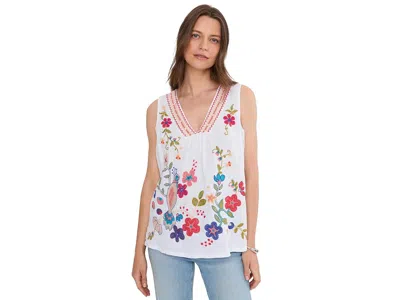 Johnny Was V-neck Shirred Linen Tank - Estrella Women's Clothing White: Lg In Multi