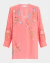 Johnny Was Voyager Floral-embroidered Henley Tunic In Sugar Coral