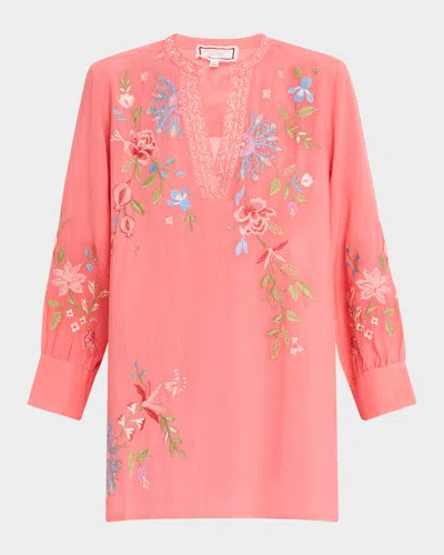 Johnny Was Voyager Floral-embroidered Henley Tunic In Sugar Coral