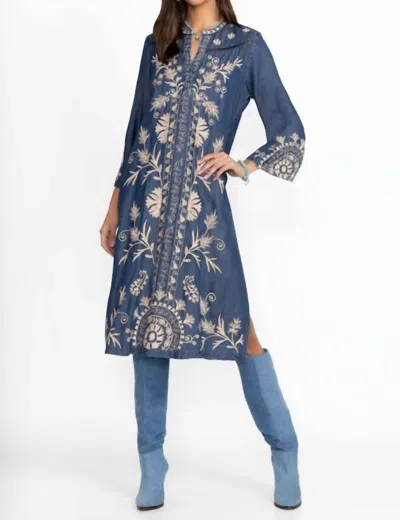 Johnny Was Western Trim Henley Dress In Denim Blue In Multi