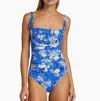Johnny Was Women 100% Nylon Blue Dove Ruched Squareneck One Piece Multi In Blue