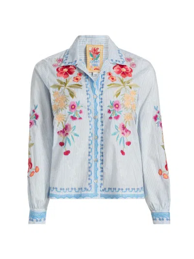 Johnny Was Women's Angela Embroidered Striped Cotton-blend Shirt In Blue