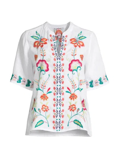 Johnny Was Averi Floral-embroidered Linen Top In White