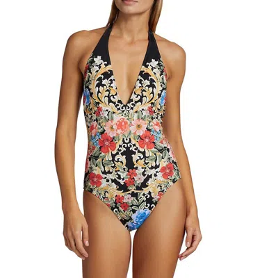 Johnny Was Women Black Royal Halter One Piece Swimsuit In Multi