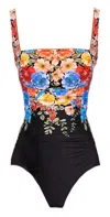 Johnny Was Women Black Royal Ruched 100% Nylon One Piece Multicolor In Multi