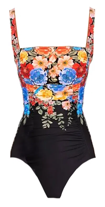Johnny Was Women Black Royal Ruched 100% Nylon One Piece Multicolor