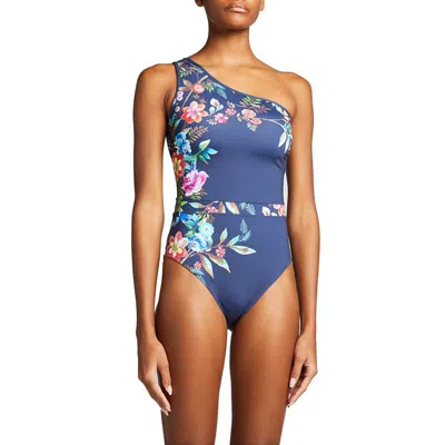 Johnny Was Women's Blue Floral Print Bloom One Shoulder One Piece Swimsuit