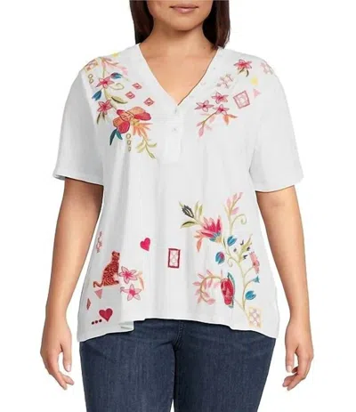 Johnny Was Women's Button Neck Tee Georgia Plus In White