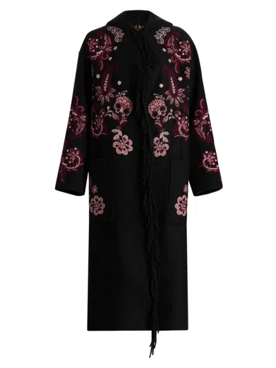 Johnny Was Women's Chelli Floral-embroidered Wool-blend Fringe Coat In Black
