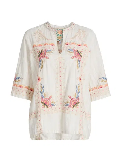 Johnny Was Women's Easy Embroidered V-neck Top In White