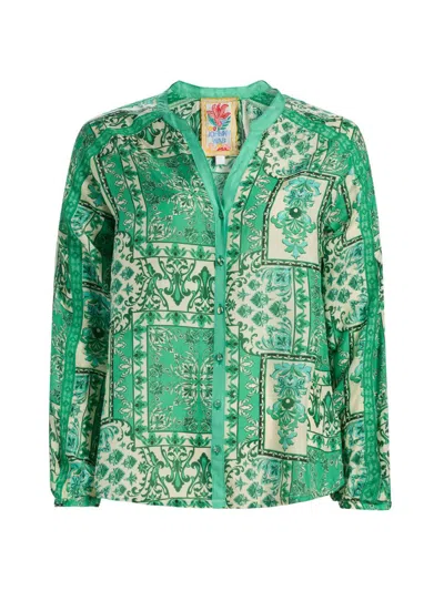 Johnny Was Women's Ellen Printed Silk Button-front Shirt In Green