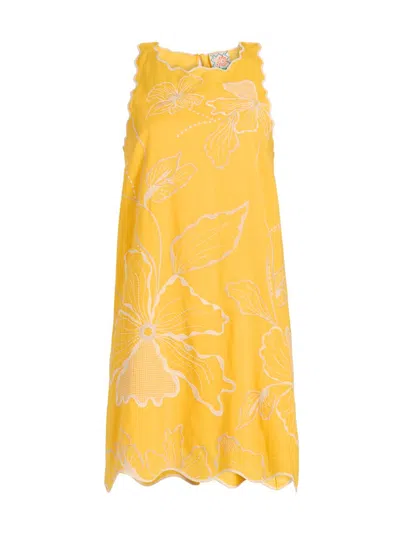 Johnny Was Floral-embroidered Cotton Mini Shift Dress In Yellow