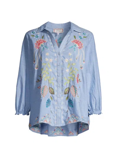Johnny Was Women's Emika Floral Embroidered Shirt In Light Denim