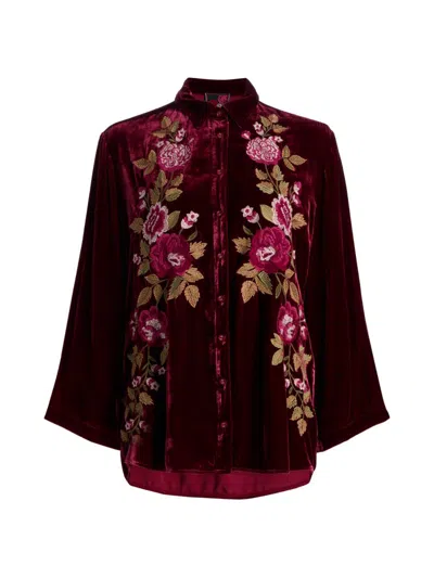 Johnny Was Women's Floral Embroidered Vevlet Shirt In Burgundy