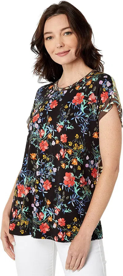 Johnny Was Women Floral Kashim Relaxed Bamboo Knit Tee Short Sleeves Top In Black