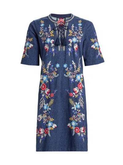 Johnny Was Women's Floral-embroidered Cotton Lace-up Minidress In Blue