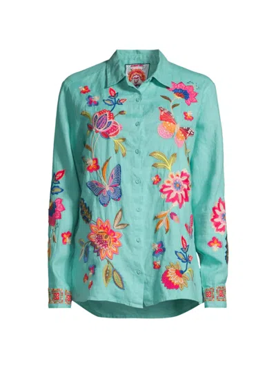 Johnny Was Women's Gracey Floral Embroidered Linen Shirt In Marine Blue