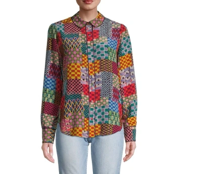 Johnny Was Women Isadora Waves Long Sleeve 100% Silk Top Blouse Multicolor In Red