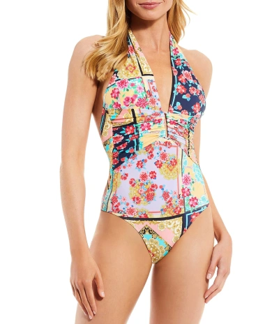 Johnny Was Japer Halter Plunge Neckline One Piece Swimsuit In Multi-color