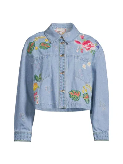 Johnny Was Women's Jeanette Embroidered Floral Denim Crop Jacket In Denim Blue