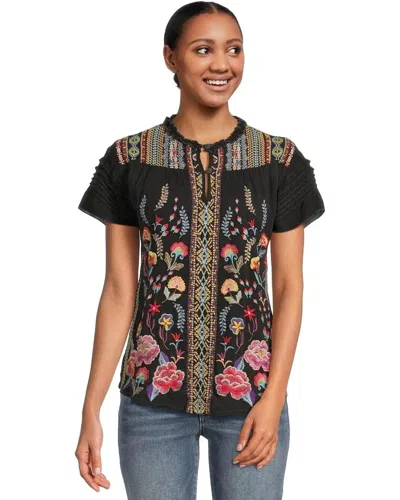 Johnny Was Women's  Lafaret Blouse Black Floral Cupro Cap Sleeve Top Gbo1320