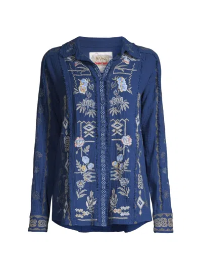 Johnny Was Women's Leyla Floral Embroidered Cotton Shirt In Blue Bird