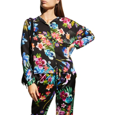 Johnny Was Maeve Floral Print Long Sleeve Button Tunic In Black Multi Color
