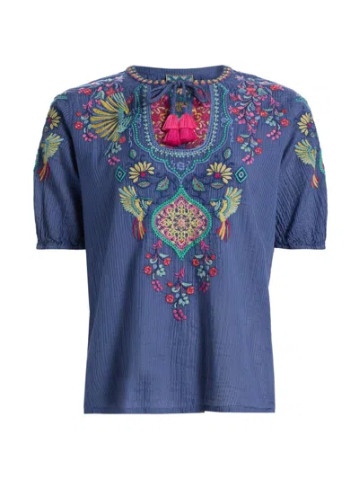 Johnny Was Women's Margot Floral Embroidered Cotton-silk Blouse In Blue