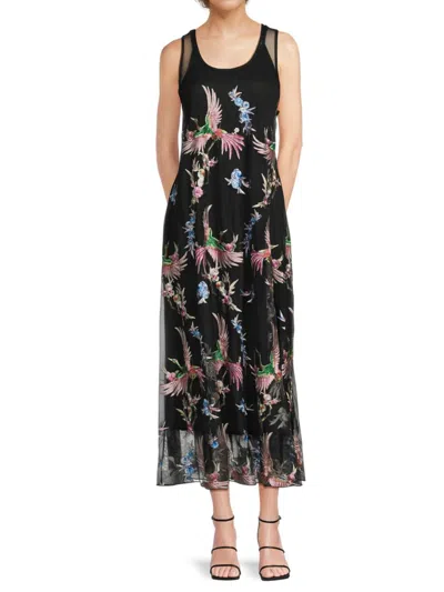 Johnny Was Women's Mazzy Embroidered Tulle Maxi Dress With Slip In Black