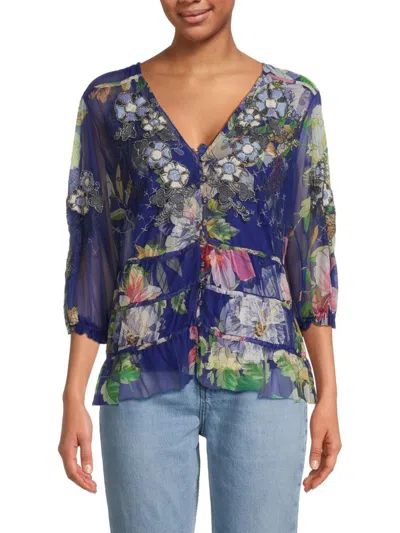 Johnny Was Women's Mazzy Ruched Floral Blouse In Blue