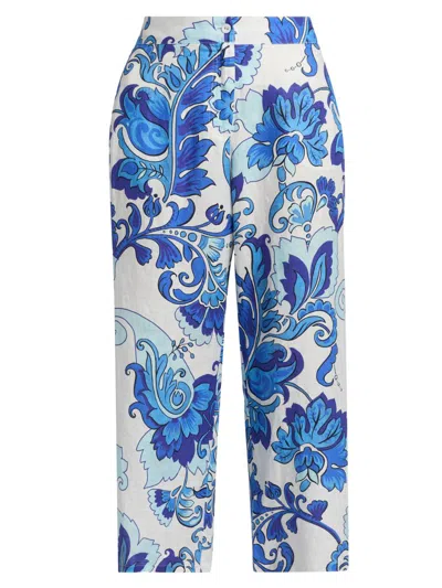 Johnny Was Women's Naidda Botanical Linen Crop Wide-leg Pants In Blue