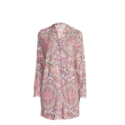 Johnny Was Women's Neena Floral Print Notch Collar Knit Chest Pocket Long Sleeve Nightshirt In Pink