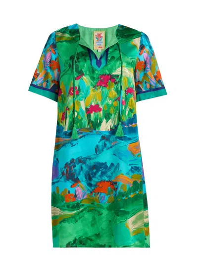 Johnny Was Roseum Printed Silk Short-sleeve Shift Dress In Green