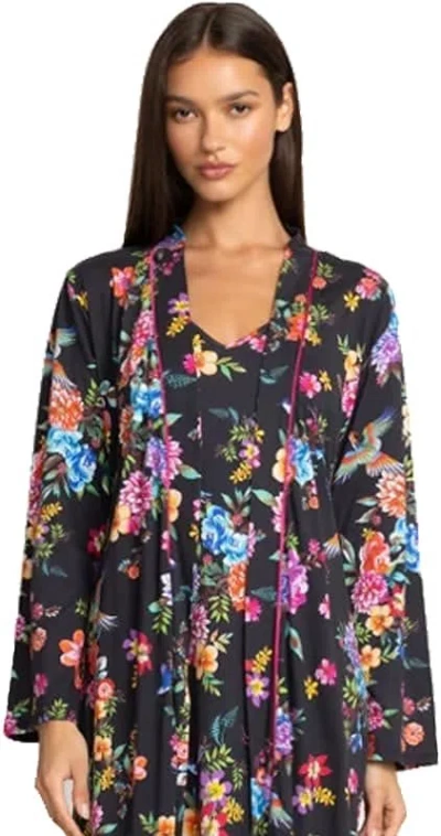 Johnny Was Women Sognatore Nero's Sleep Robe Long Sleeve Self Tie Belt Multi Floral New In Black