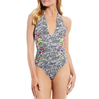 JOHNNY WAS WOMEN'S SPRING HALTER EMBROIDERED ONE-PIECE ZEBRA PRINT