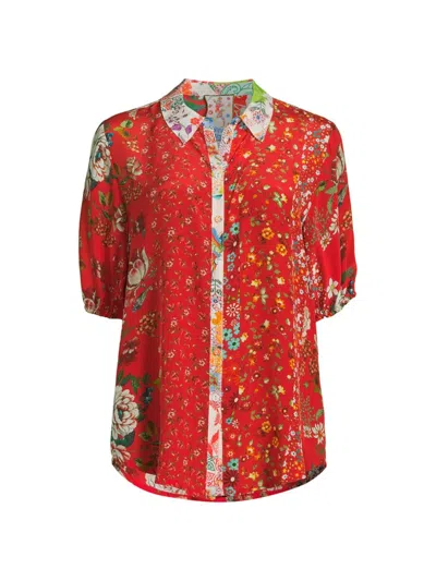 Johnny Was Women's Steph Floral Silk Short-sleeve Shirt In Neutral