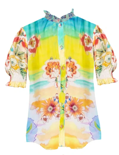 JOHNNY WAS WOMEN TIEDYER LEILA SHORT PUFF SLEEVE RUFFLE TRIM TOP BLOUSE MULTICOLOR
