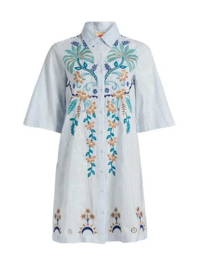 Johnny Was Kimono-sleeve Embroidered Mini Shirtdress In White